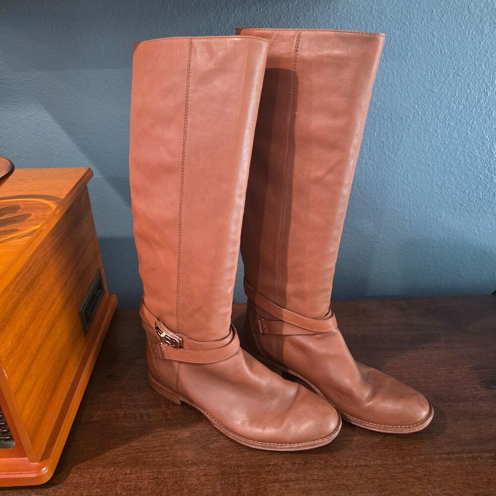 Women's Coach Leather Boots Brown Christine 8 B 19" Tall Riding Shoes Gold trim